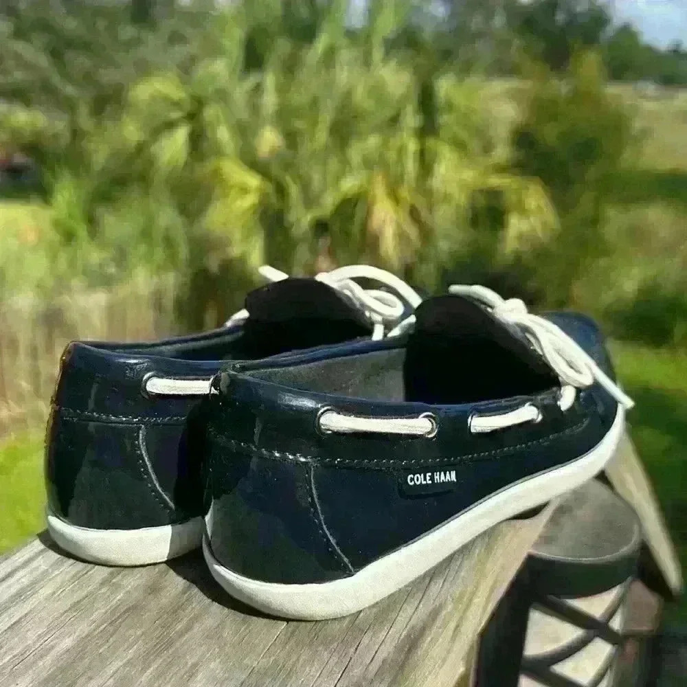 Cole Haan Nantucket Camp Moc Navy Blue Patent Leather Boat Shoes Women's Size 6B - Picture 5 of 13